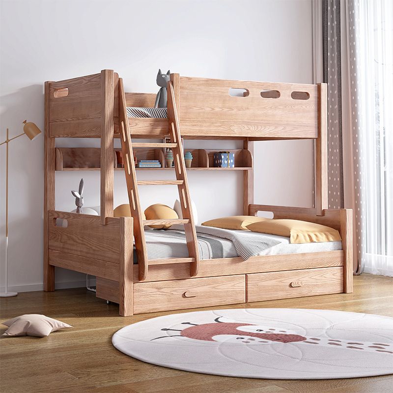 Solid Wood Bunk Bed Frame in Natural with Bookcase and 2 - Drawer