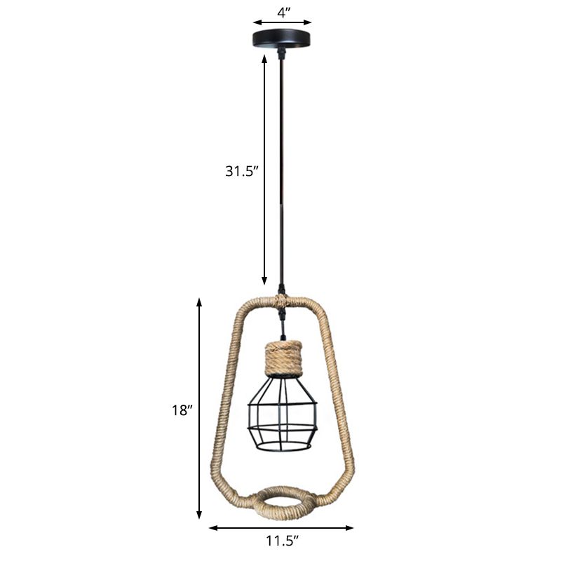 1 Light Hanging Ceiling Light with Globe Metal and Rope Shade Industrial Kitchen Pendant Lighting in Black