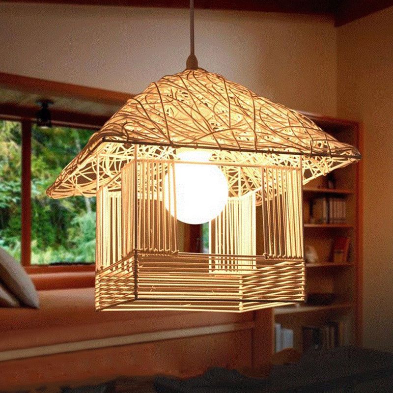 Beige/Brown/White House Shaped Hanging Light Rustic Rattan 1 Head Drop Light for Dining Room