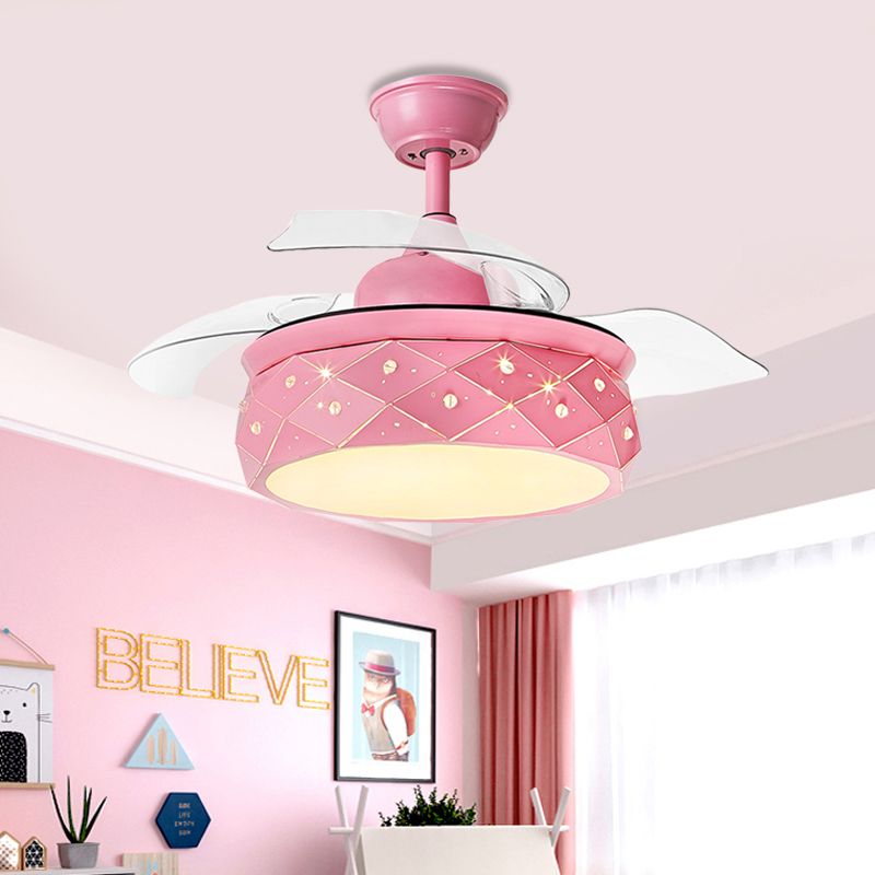 3 lames tambour métallique Éclairage de ventilateur suspendu modernisme 42 "W LED LED à chasse d'eau en rose / bleu avec de la teinte acrylique, télécommande / mur et télécommande