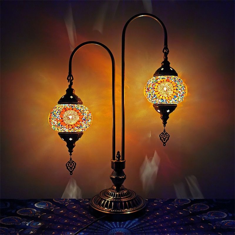 2 Heads Stained Glass Night Light Traditional White/Yellow/Orange Oval/Cup-Shape Bedside Table Lamp