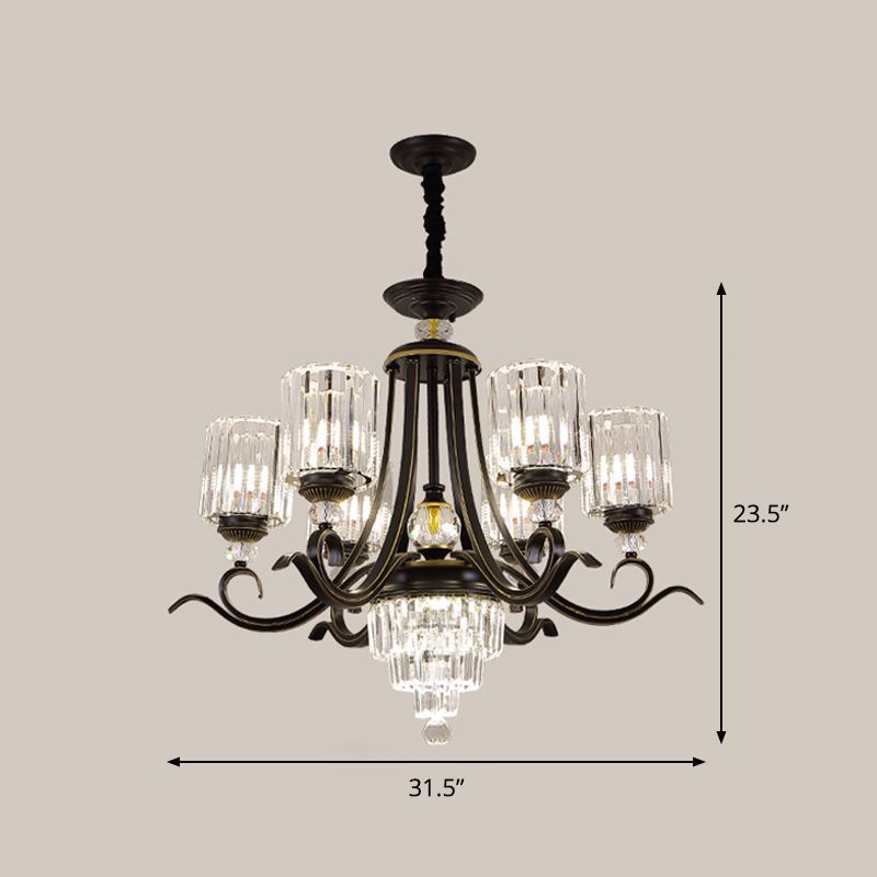 Crystal Block Cylinder Chandelier Minimalist 6/8-Bulb Ceiling Pendant Light with Curvy Arm in Black