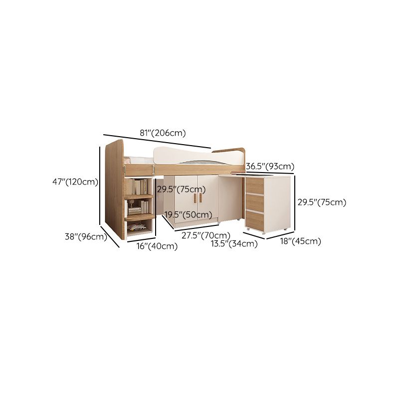 Contemporary Wood Loft Bed with Guardrail Natural Bed with Storage