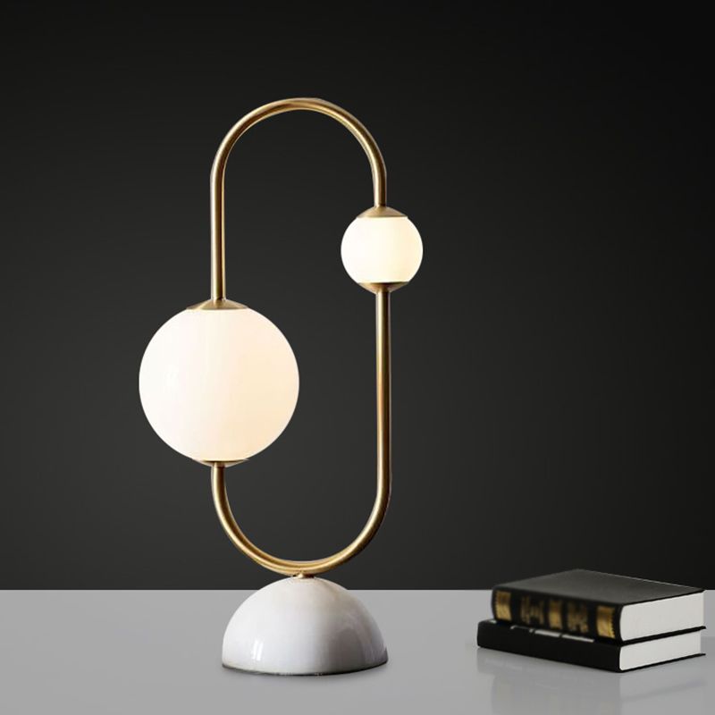 Marble Dome Base Table Lamp Postmodern 2 Heads Gold LED Nightstand Light with Ball Frosted Glass Shade