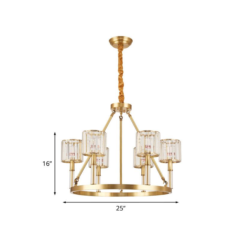 6-Head Crystal Suspension Light Modern Brass Cylinder Dining Room Chandelier Lighting Fixture