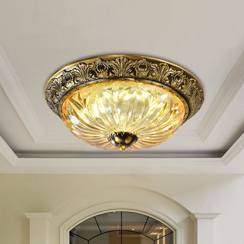 Antiqued Brass Bowl Ceiling Lamp Traditional Carved Glass Corridor Flush Mount Light Fixture