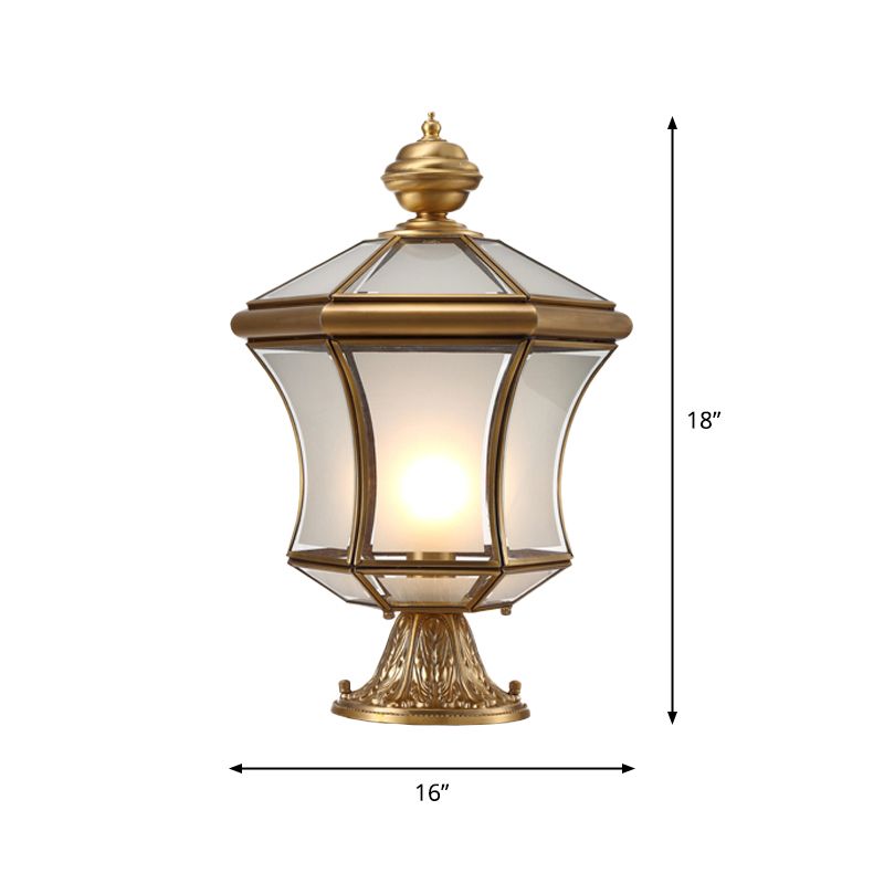 Bronze Curved Lantern Post Lighting Minimalistic 3-Bulb Frosted Glass Landscape Lamp