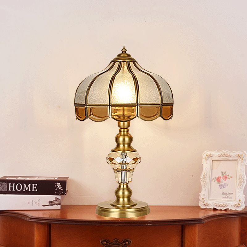 1 Bulb Night Lighting Colonial Scalloped Opal Glass Nightstand Lamp in Gold with Clear Crystal Drop