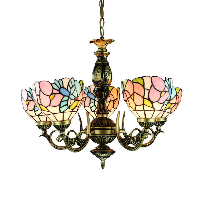 Lodge Bowl Hanging Pendant Light with Bird and Flower 5 Lights Stained Glass Chandelier in Antique Bronze