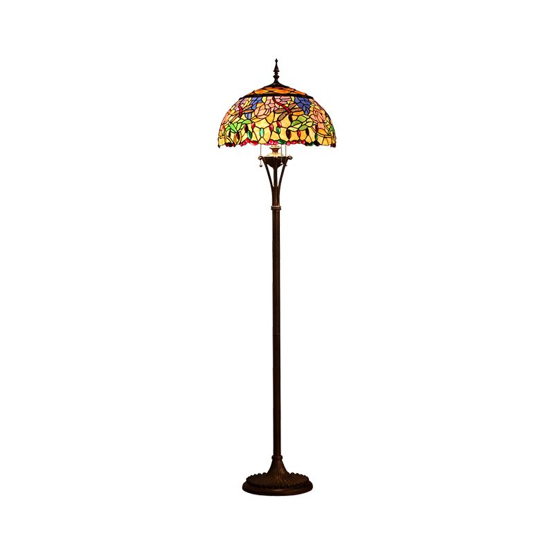 Green Dome Floor Light Vintage 3 Bulbs Stained Glass Pull Chain Standing Light with Floral and Dragonfly Pattern