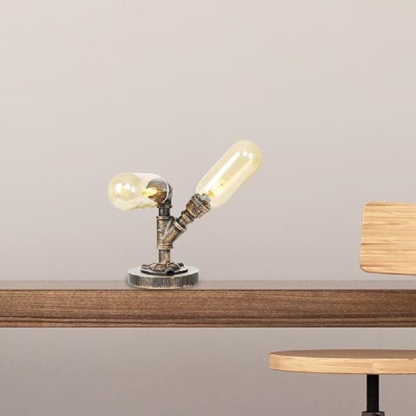 Industrial Oval Shade Desk Light 2-Bulb Clear/Amber Glass Table Lamp in Aged Bronze for Living Room