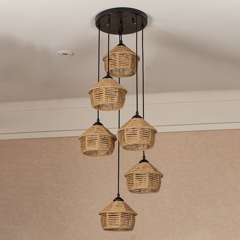 3/6 Lights Rope Cluster Pendant Rural Brown Barn Dining Room Ceiling Suspension Lamp with Round/Linear Canopy