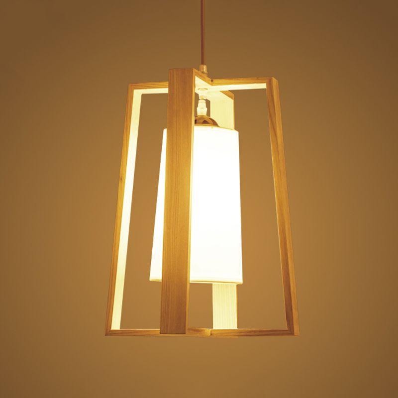 Cross Trapezoid Frame Pendant Asian Wooden 1-Light Dining Table Hanging Ceiling Light with Tapered Fabric Shade