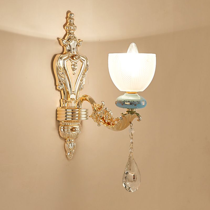 Mid-Century Cup Shape Wall Light Fixture Single Light Latticed Glass Wall Lamp Sconce in Gold