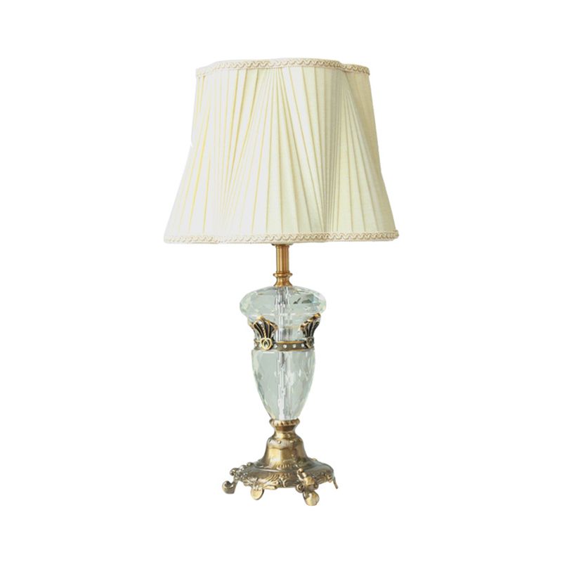 1 Light Fabric Nightstand Lamp Traditional White Drum-Shaped Bedroom Table Light with Crystal Deco