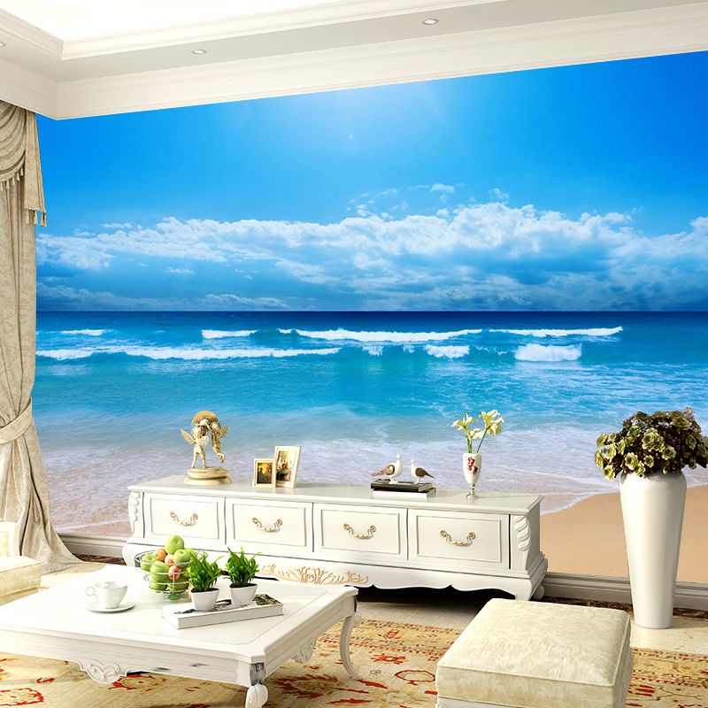 Sea and Sky Mural Wallpaper in Pastel Blue, Contemporary Wall Art for Accent Wall