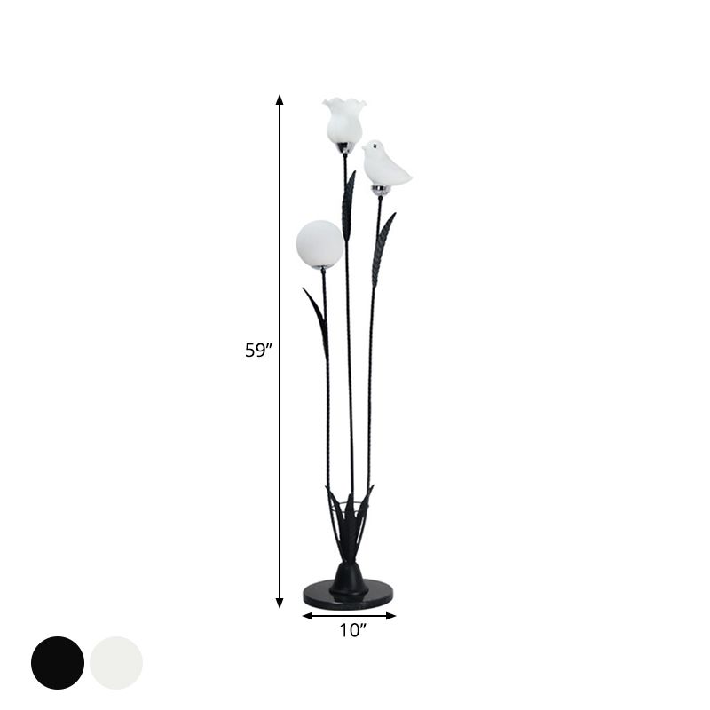 3-Bulb Living Room Tree Floor Light Contemporary Black/White Stand Up Lamp with Orb-Flower-Bird Shape Cream Glass Shade