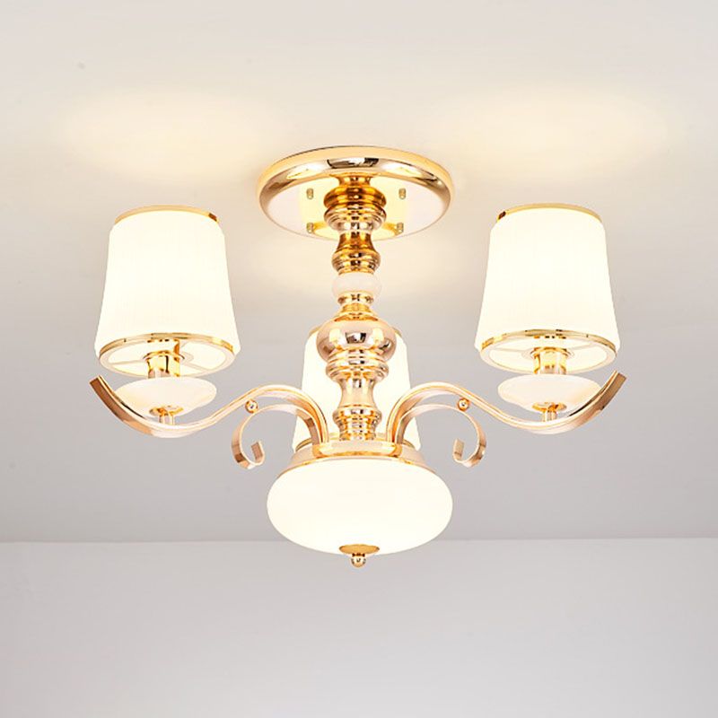 Opal Glass Barrel Chandelier Modernist Gold Pendant Lighting Fixture with Curving Arm