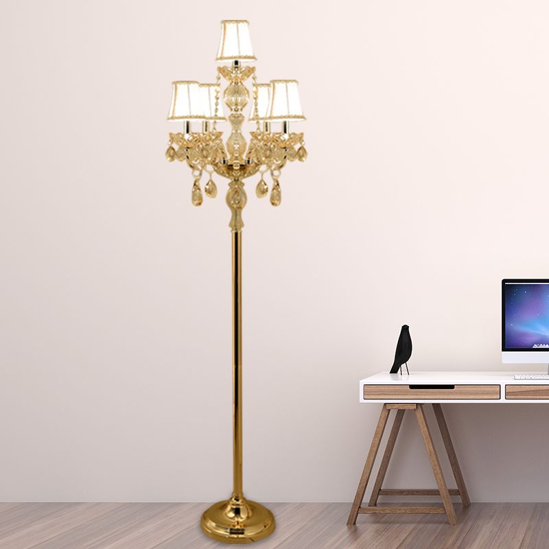 Candlestick Parlor Floor Reading Lamp Traditional Clear Crystal 5/6 Bulbs Gold Standing Light with White Shade