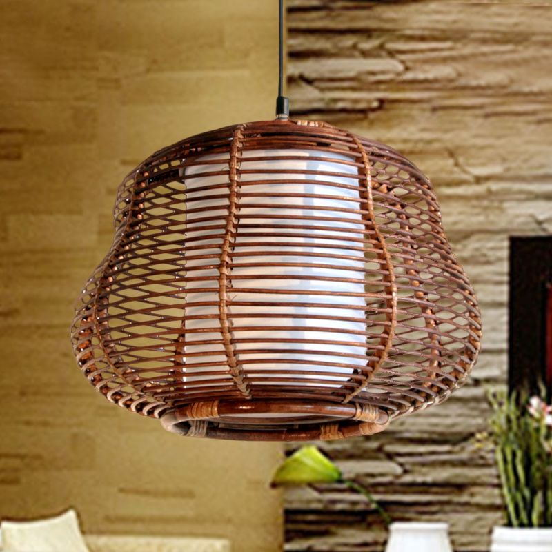 Lampada a ciondolo di zucca marrone Asia 1 lampadina Bamboo Afferma del soffitto con ombra tubolare bianca interna