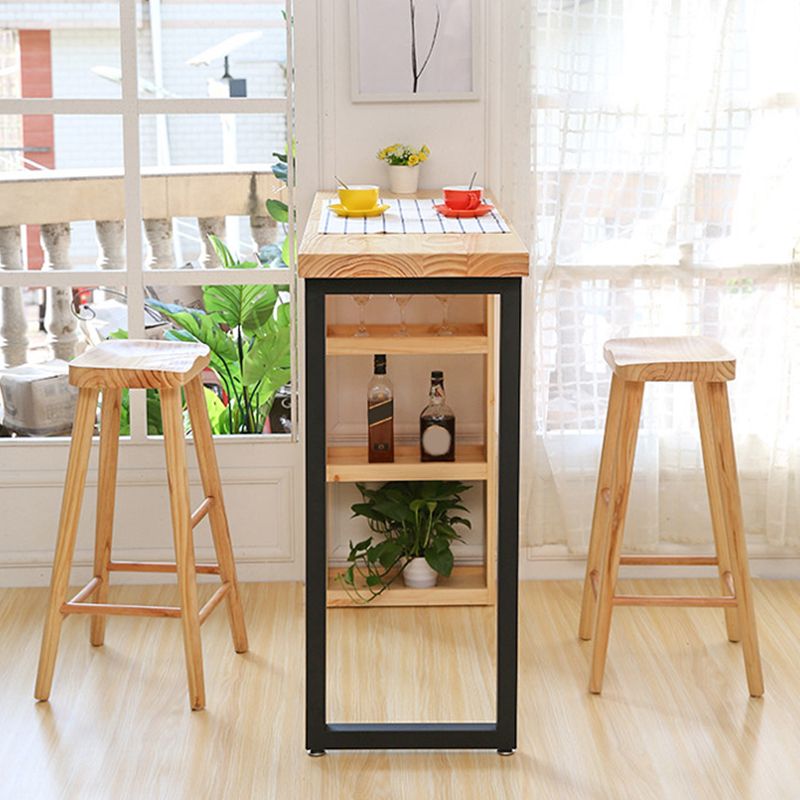 Contemporary Storage Solid Wood Counter Table with Metal Base