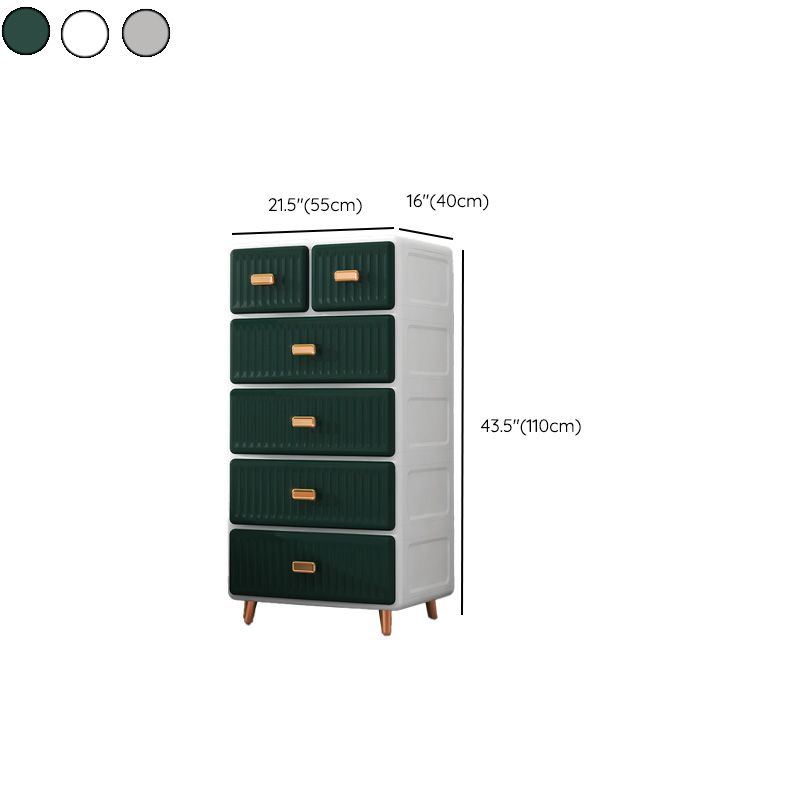 Contemporary Plastic Vertical Nightstand with 5/6 Drawers in Green/White/Gray Kids