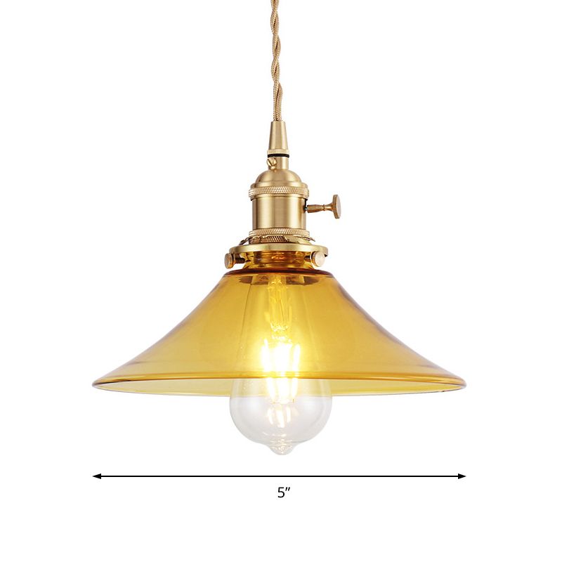 Brass Conical Pendant Ceiling Light Farmhouse Amber Glass 1 Light Living Room Hanging Lamp