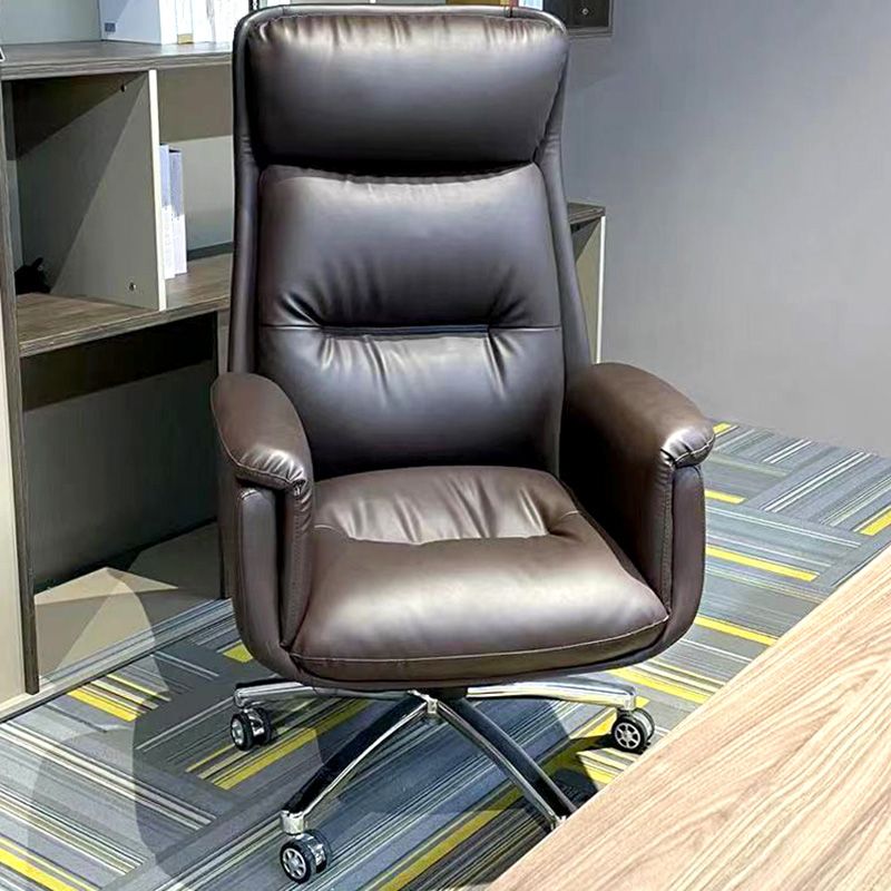 Steel Base Leather Office Chair High Back Upholstered Desk Chair with Wheels