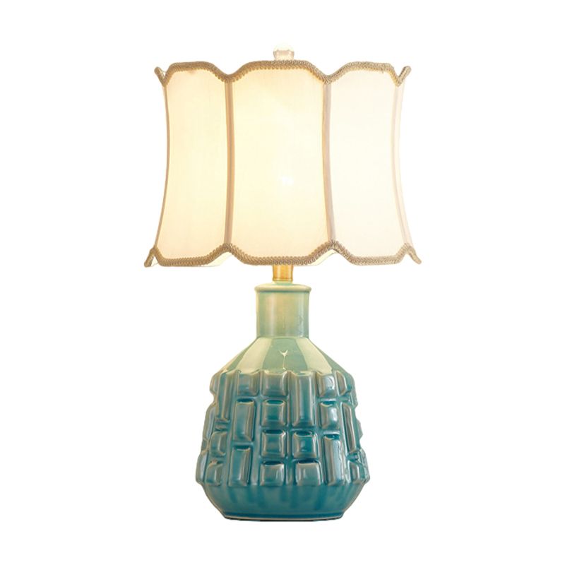 Fabric Scalloped Bell/Drum Table Lamp Vintage 1 Bulb Parlor Nightstand Light with Ceramic Pot Base in Blue