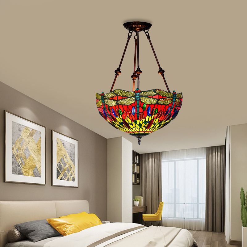 Dragonfly Red/Orange Cut Glass Semi Flush Mount Tiffany Style 2 Lights Bronze Ceiling Fixture for Living Room