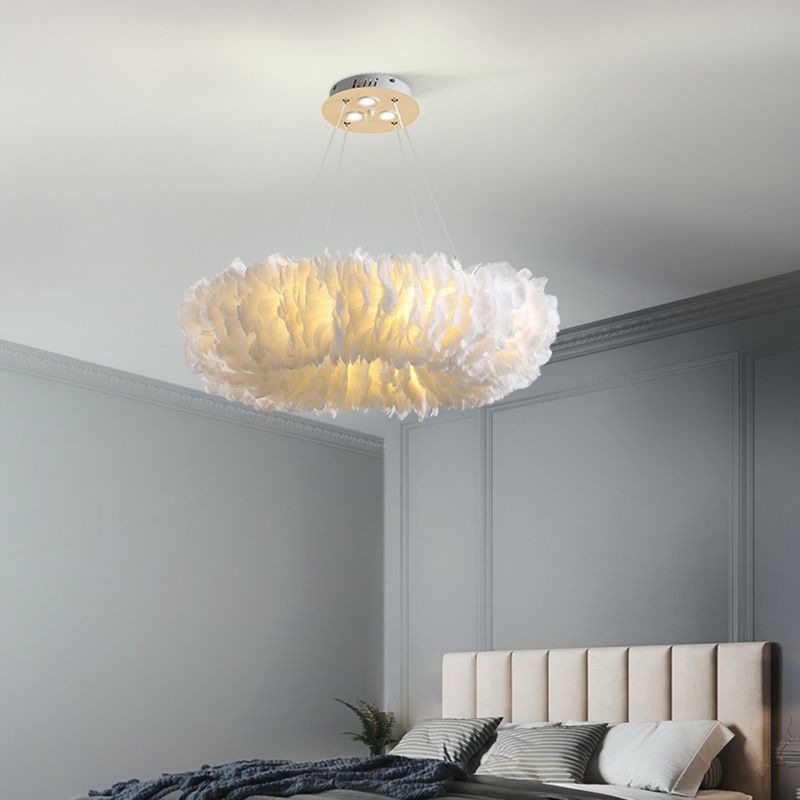 Loop Bedroom Ceiling Chandelier Fabric 3/6-Light Modernism Feather Suspended Pendant Lamp in White/Grey/Pink