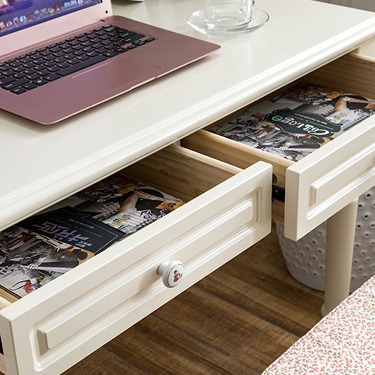 White Solid Wood Writing Desk with Storage Shelves and Storage Drawer