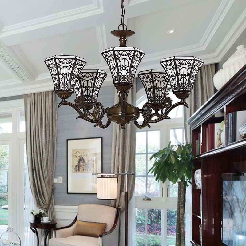 Lodge Style Bell Pendant Lighting White and Black Glass 5 Lights Chandelier Lamp with Chain