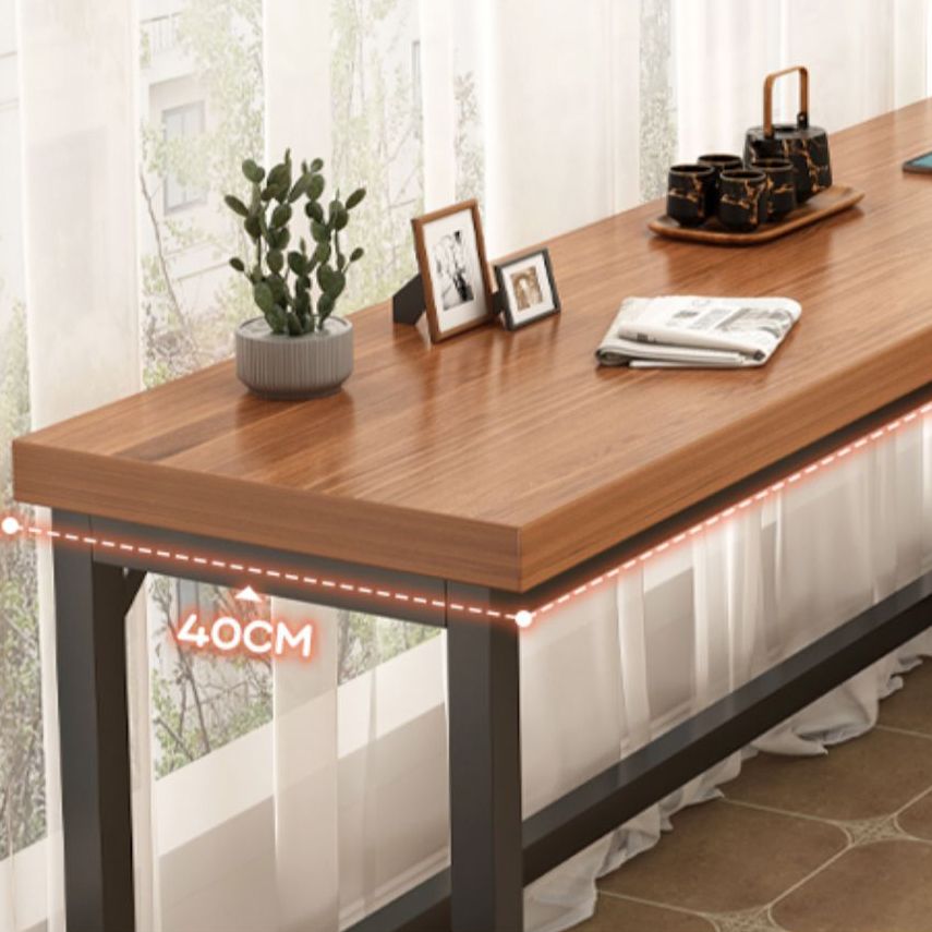 Industrial Wooden Counter Table with Metal Trestle Base in Brown