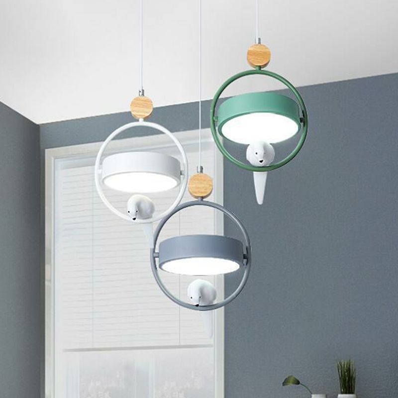 Ring Dining Room Multi Ceiling Lamp Metal 3 Bulbs Simplicity Suspension Light with Bird Decor in Gray-Green