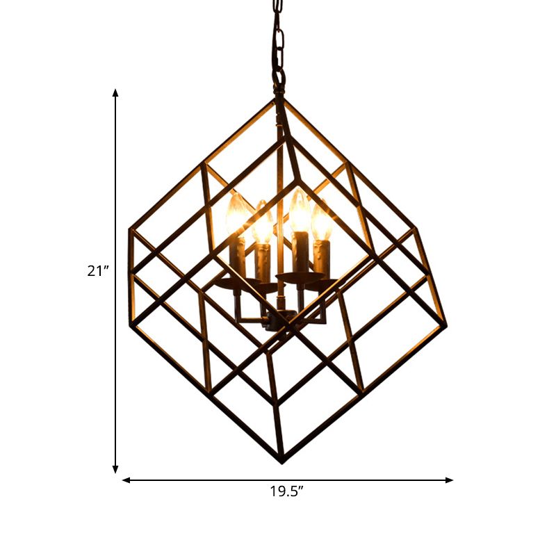 Metall Draht Quadrat Kronleuchter Licht Industrial 4 Lichter Schwarz hängende Deckenleuchte für das Restaurant