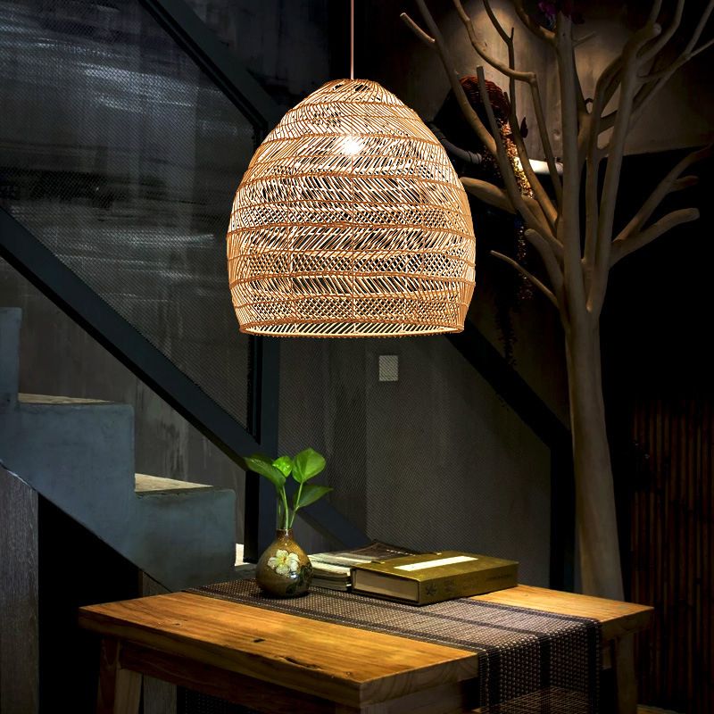 Rattan Bell Shaped Pendant Asian Style 1-Light Hanging Light Fixture for Tearoom