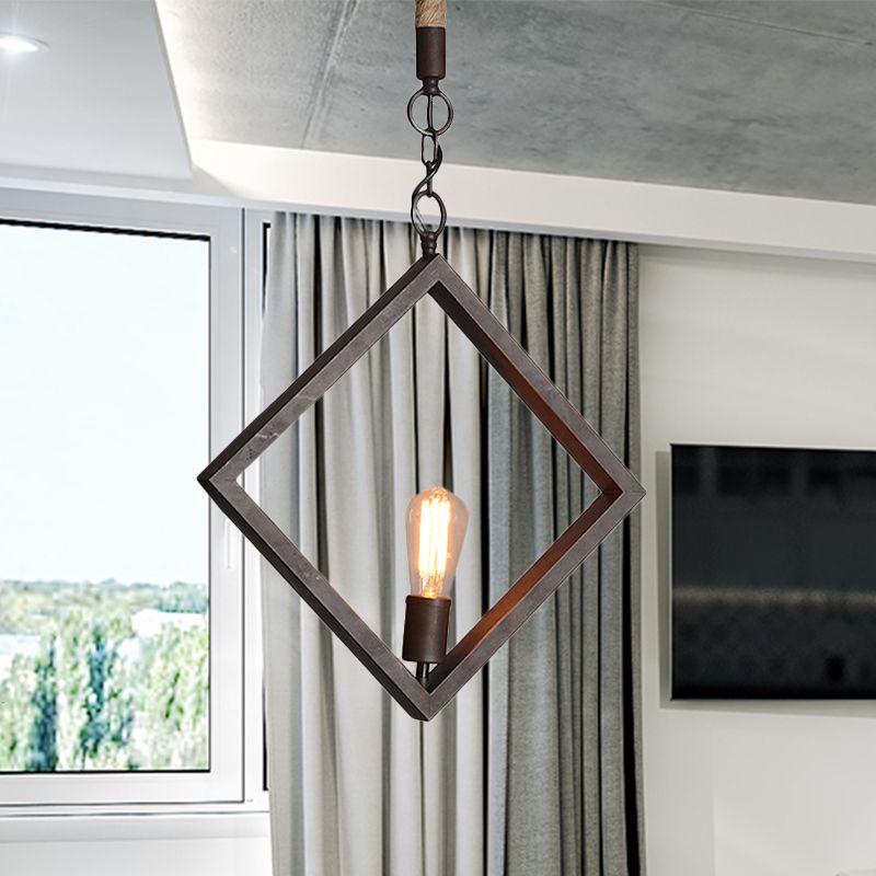 Black Frame Squared Ceiling Lighting Antique Style Metal 1 Light Indoor Ceiling Fixture with Rope