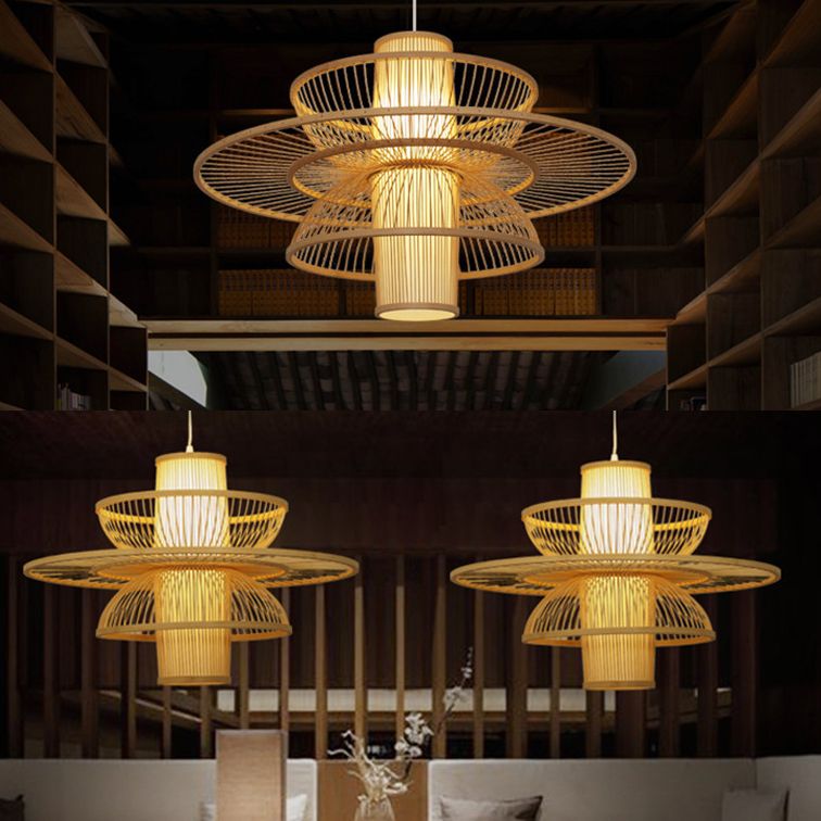 Lámpara colgante en forma de loto Bambú asiático 16 "/19.5" W 1 Ligera de color negro/beige para restaurante para restaurante