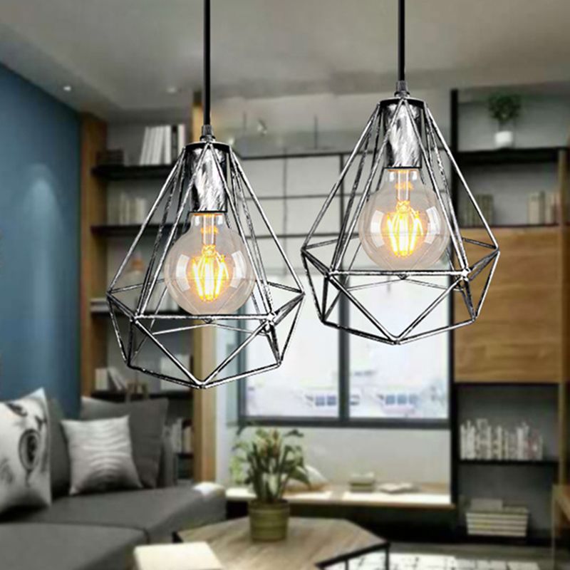 1-Light Pendant Ceiling Light Country Diamond Wire Cage Wrought Iron Pendant Lamp in Black/Copper/Gold for Living Room