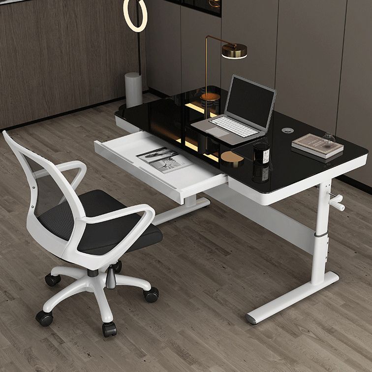 Contemporary Standing Desk Converter White Metal Trestle Base Desk for Office