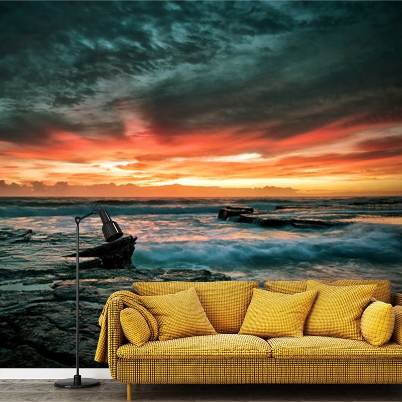 Nightfall Rocky Seashore Mural Modernist Non-Woven Wall Art in Yellow-Blue for Living Room