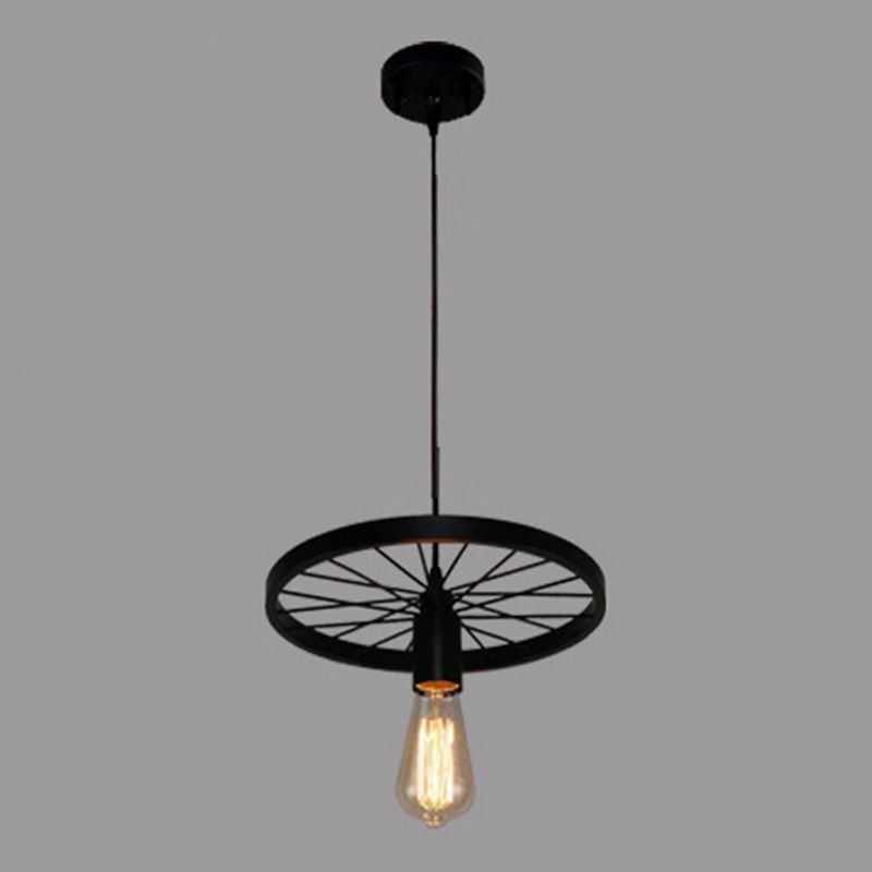 Metal Wagon Wheel Pendant Lamp Industrial Restaurant Hanging Light Fixture in Black