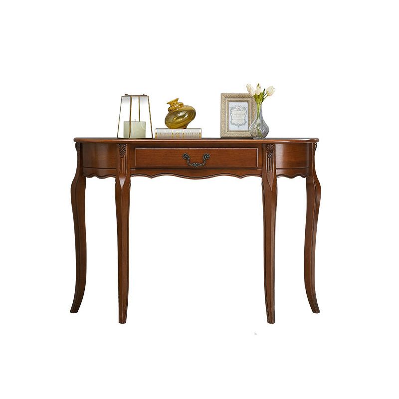 Brown Rubbered Wood Console Table Solid Wood Accent Table with Drawer for Hall