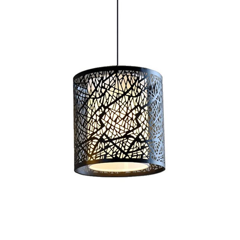 1 Light Drum Pendant Lighting Modern Black Iron Shade Hanging Ceiling Light with Etched Design