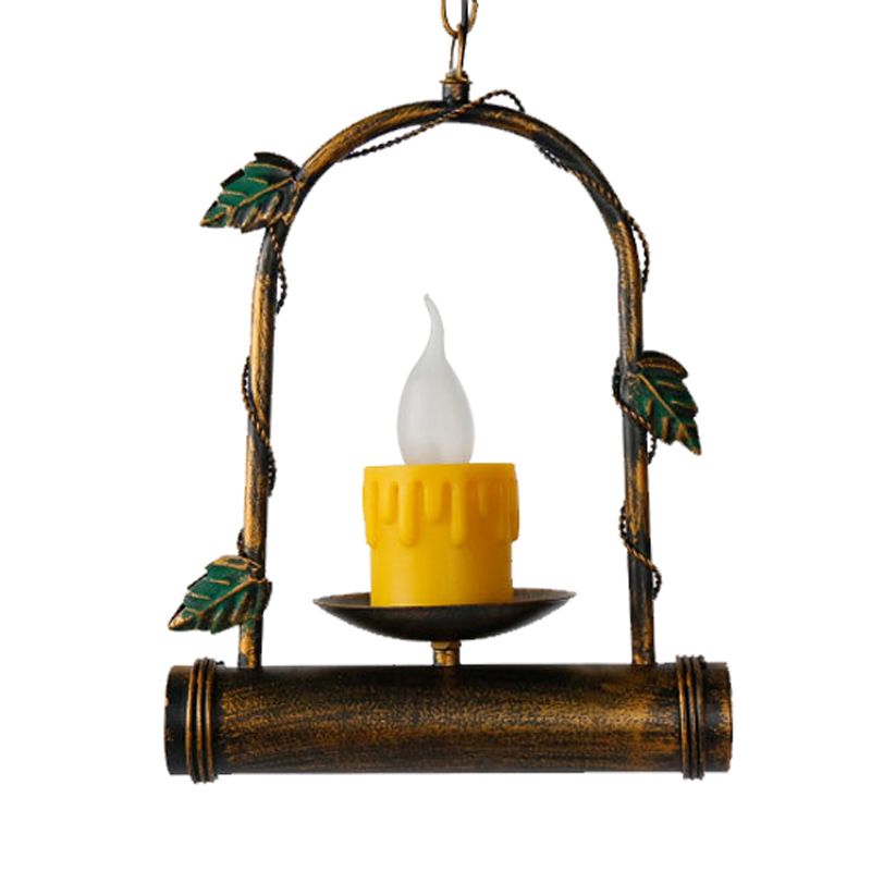 Luce del soffitto appeso a candela rustica 1 illuminazione a sospensione in metallo in ottone antico con cornice arcuata