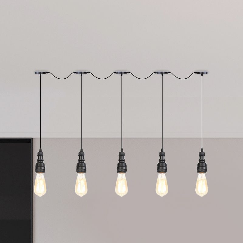 Exposed Bulb Restaurant Pendant Lamp Vintage Iron 5/7 Lights Black Finish Tandem Multi Hanging Light Fixture