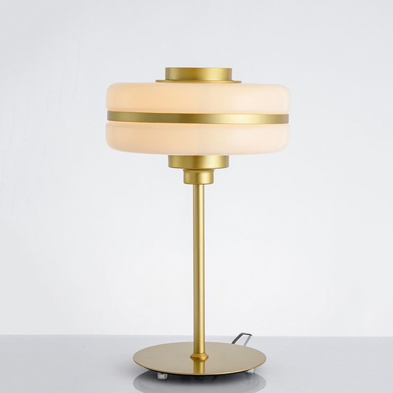 Postmodern Single-Bulb Night Lamp Gold Cylinder/Ball/Tapered Plug-in Table Light with Frosted White/Clear Glass Shade