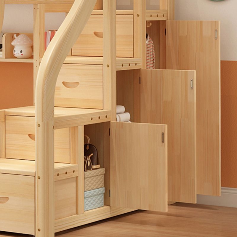 Natural Pine Wood Bunk Bed Solid Wood Loft Bed with Mattress and Guardrails