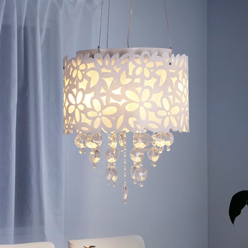 4 Heads Drum Hanging Lamp Contemporary Metal Chandelier Lighting in White with Crystal Droplets